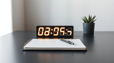 Digital alarm clock on a black desk. 3D Rendering.