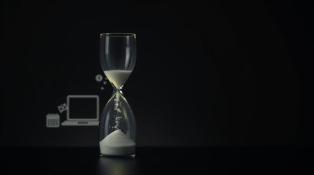 Hourglass and computer on black background. Time concept. 3D Rendering