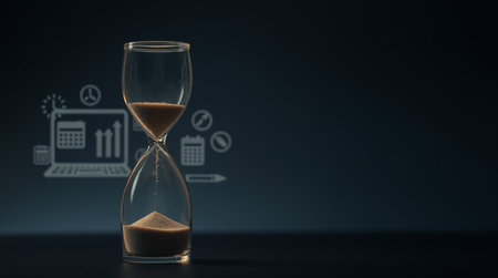 Hourglass on dark background. Time management concept. 3D Rendering