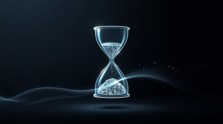 Hourglass with flowing sand on dark background. Concept of time and deadline