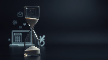 Hourglass with sand on dark background. Time is money concept.