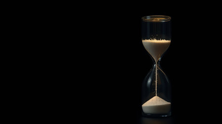 Hourglass with sand on a black background. Time passing concept.
