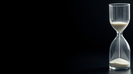 Hourglass on black background with copy space. Time passing concept.