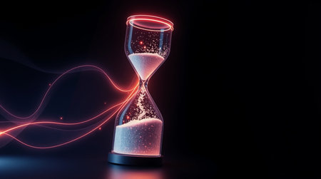 3D rendering hourglass with flowing sand on black background. Time concept