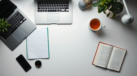 White office desk table with laptop, smartphone, coffee cup and notebook. Top view with copy space