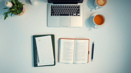 White office desk table with laptop, coffee cup and notebook. Top view with copy space