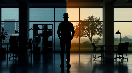 Silhouette of businessman standing in modern office and looking at sunrise
