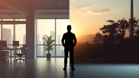 Silhouette of a businessman standing in a modern office. 3d rendering