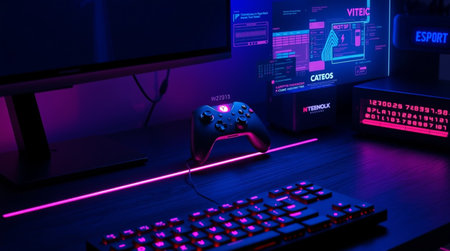 Computer gamepad on table in dark room with neon light. 3d rendering