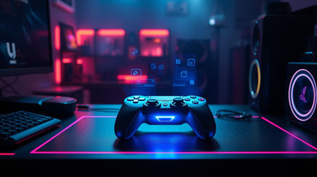 Gamepad with colorful neon lights on a dark background. Entertainment and gaming concept