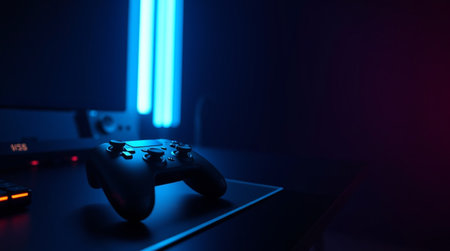 video game controller on the table with blue led light in the dark
