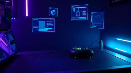 3D rendering of a gaming room with a gamepad and a monitor