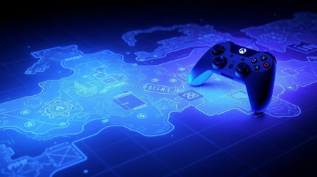 Gamepad on world map. 3d illustration. Blue background.