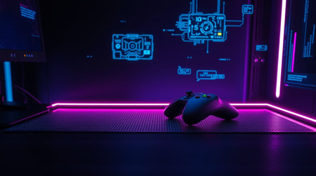 Modern video game controller in front of a dark background with neon lights