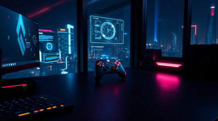 Video game console and joystick on gaming table in dark room with neon light. 3d rendering