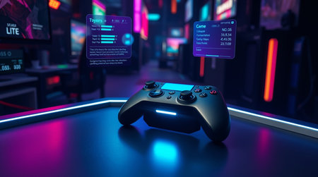 Gamepad on the table in a dark room with neon lights. 3d rendering
