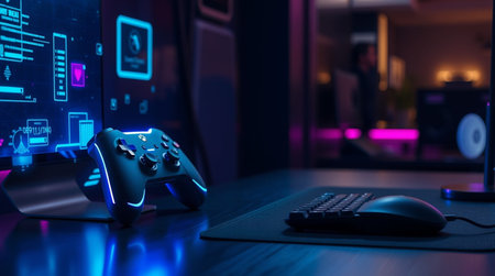 Gamepad and mouse on table in dark room, 3d rendering