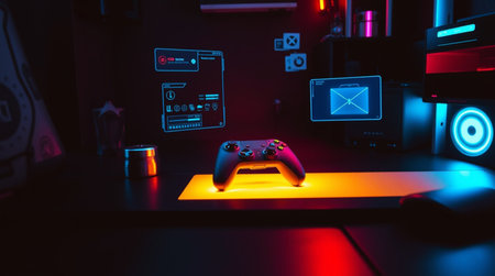 video game controller on the table in the dark room with neon light