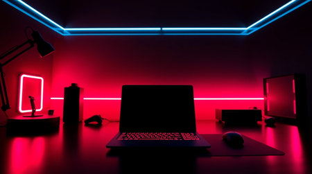 Laptop on a desk in a dark room with neon lights.