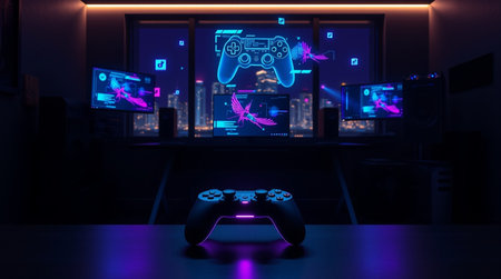 Gamepad in dark room with neon lights. Gaming concept. 3D rendering