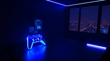 Gamepad with blue neon light in the dark room. 3d rendering