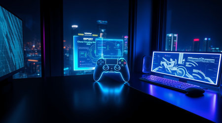 3D rendering of a gaming room with a computer and a gamepad