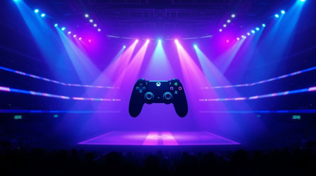 video game controller in front of the stage with blue lights and smoke