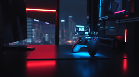 video game controller on table in front of computer monitor 3d rendering