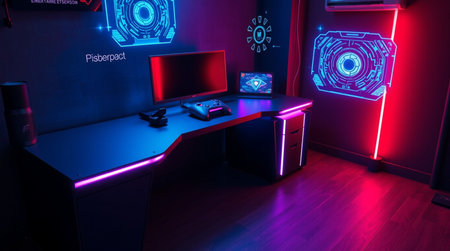 3D render of a gaming room with neon lights and computer monitors