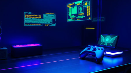 video game controller and laptop on table in gaming room with blue light