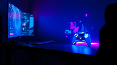 Gamepad and mouse on the table in dark room with neon lights