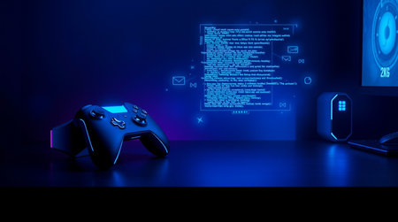 Gamepad and laptop on black table with blue background. 3d rendering