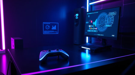 3d rendering of a gaming room with a computer and a gamepad
