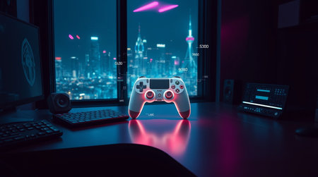 Gamepad in dark office with city view at night 3D rendering