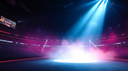 Stage lights, spotlights and crowd of people in an empty stadium