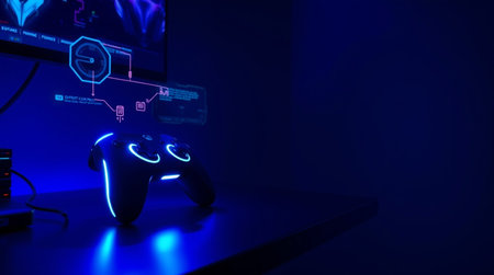 Game console with blue neon light. Gaming concept. 3D Rendering