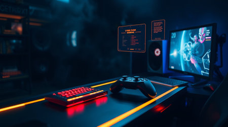 Close up view of a gamer workspace with gamepad, keyboard and mouse. Gaming concept.