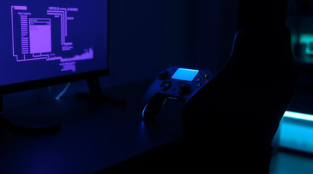 Close up of a gamepad on a table in a dark room