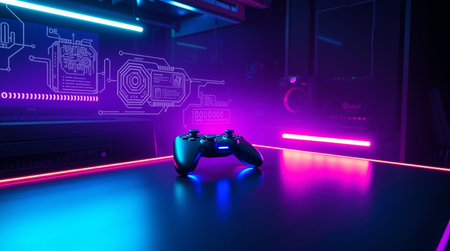 video game controller in neon light, 3d rendering toned image