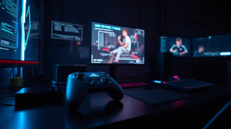 Video game console in dark room with players on the background. Selective focus