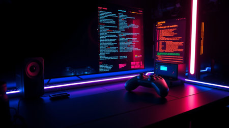 Computer gamepad on a table in a dark room with neon lights. Gaming concept. 3D Rendering