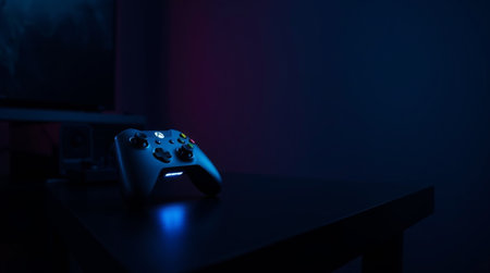 video game controller on black table in dark room with blue light.