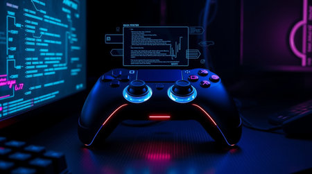 Modern video game controller on a dark background. 3d rendering.
