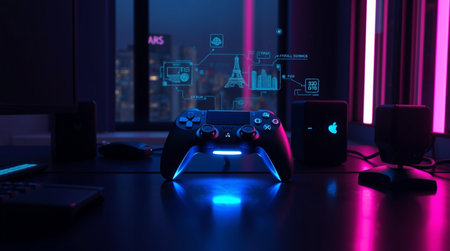 Gamepad with glowing neon lights on dark background. 3d rendering