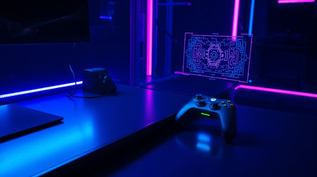 video game controller on a table in a dark room with neon lights