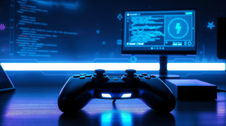 Gamepad and computer monitor on dark blue background. Gaming concept. 3D Rendering