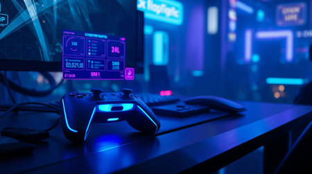 Video game controller on table in gaming room. 3d rendering.