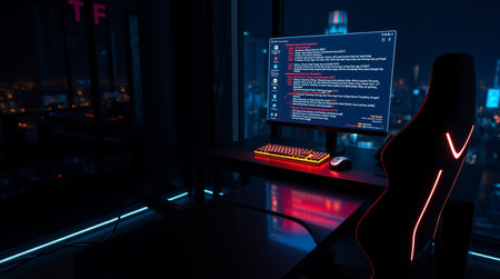 Computer screen with programming code on the table in dark room. 3d rendering