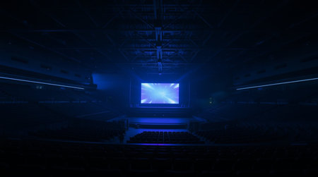 3D render of empty cinema auditorium with seats and blue lights