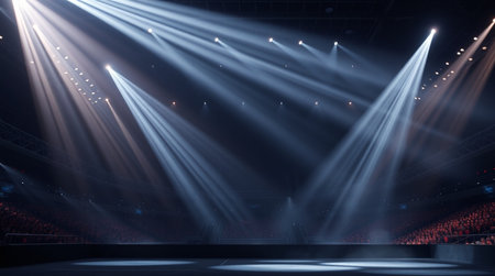 Stage lights and spotlights in a sports arena, 3d render